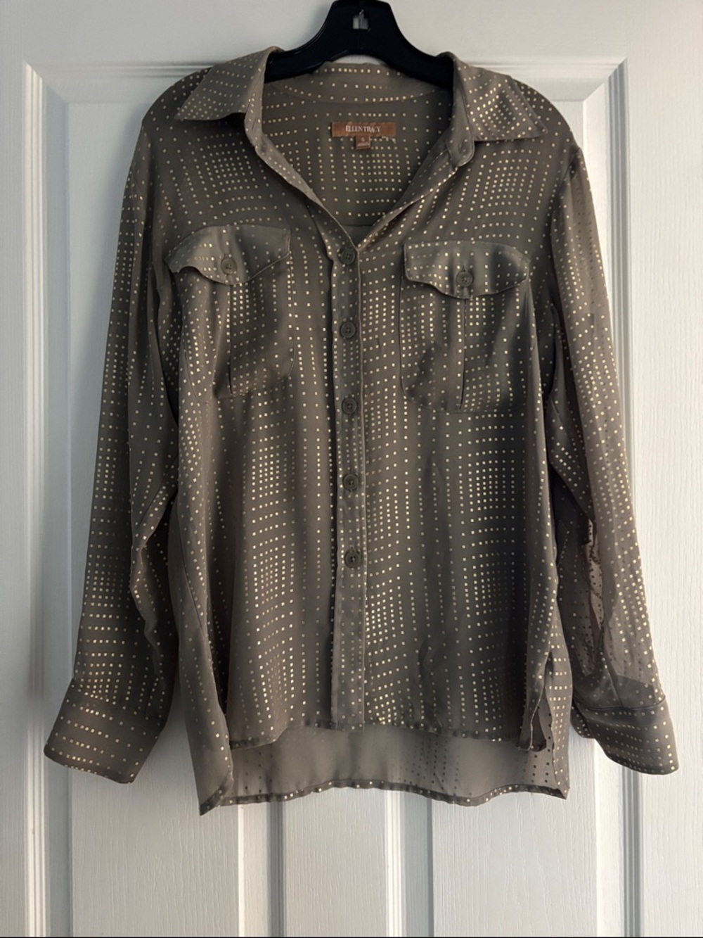Ellen Tracy Olive Green Button-Front Blouse with Metallic Dot Detail Sz S